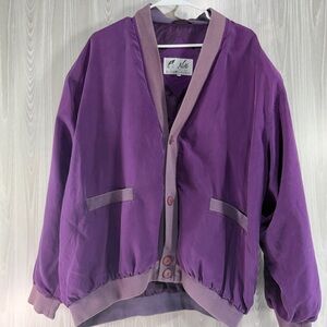 Vintage Purple Silk Blazer Bomber Cardigan Jacket Note Button Size XXL